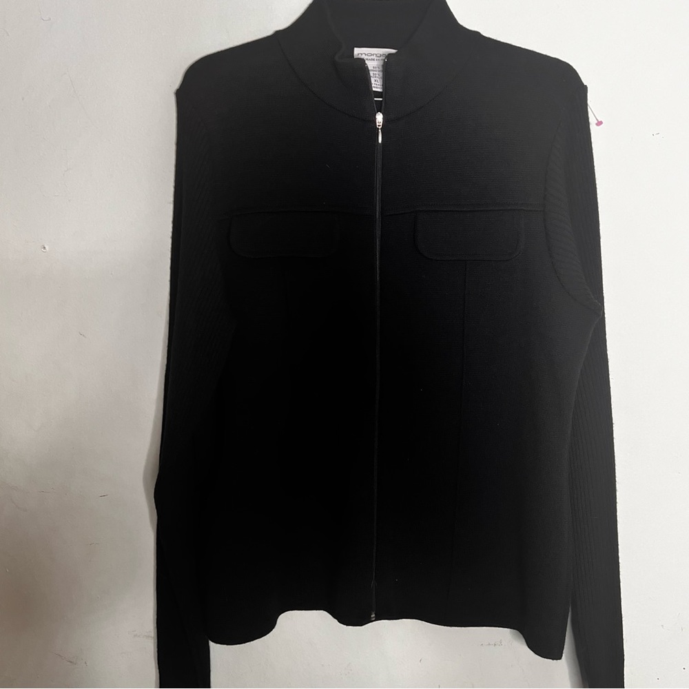 Mergano Full Zip Black Sweater w/Pockets Ribbed Sleeves Sz XL Italy